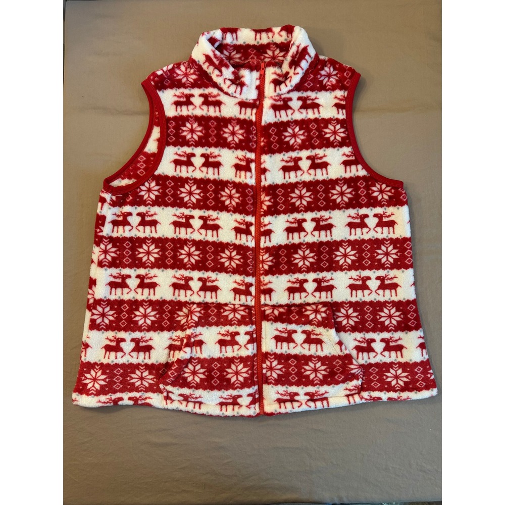 Fleece Vest Women's 1XL CURVE Red/White Reindeer Snowflake Winter‎ Holiday Cozy